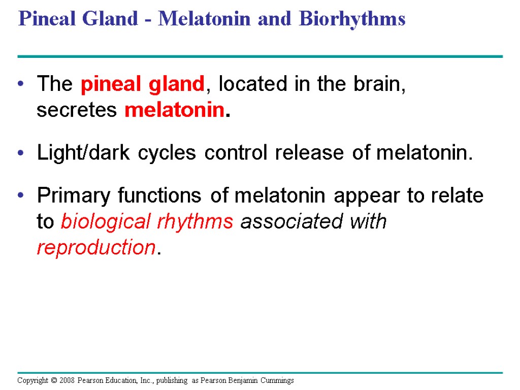 Pineal Gland - Melatonin and Biorhythms The pineal gland, located in the brain, secretes